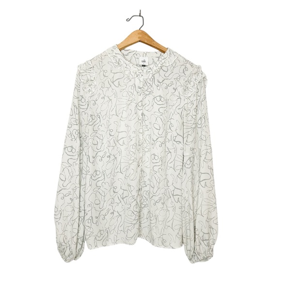 CAbi Tops - Cabi Ribbon Trim Blouse Contemporary Abstract Print Long Sleeve Top‎ Style #4232